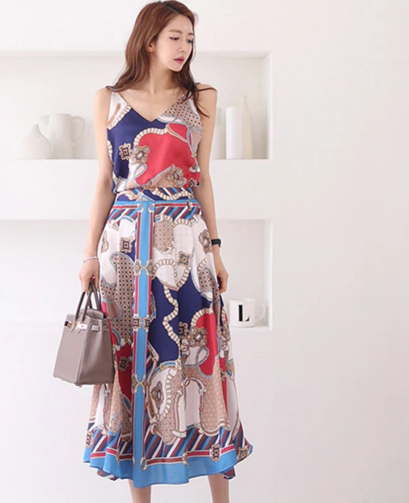 2 Pieces Set Camisole Top Blouses + Vintage A-Line Skirt
