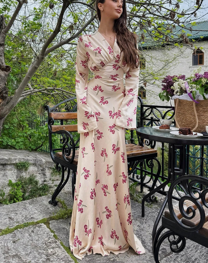 CAMINA V-Neck Long Sleeve Classic High Waist Dress