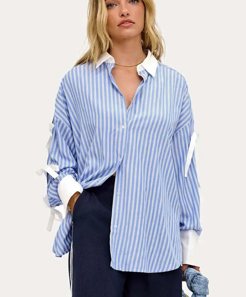Elegant Blue Long Sleeve Patchwork Shirts