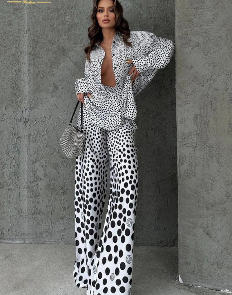Elegant Long Sleeve Shirts With High Waist Wide Pants