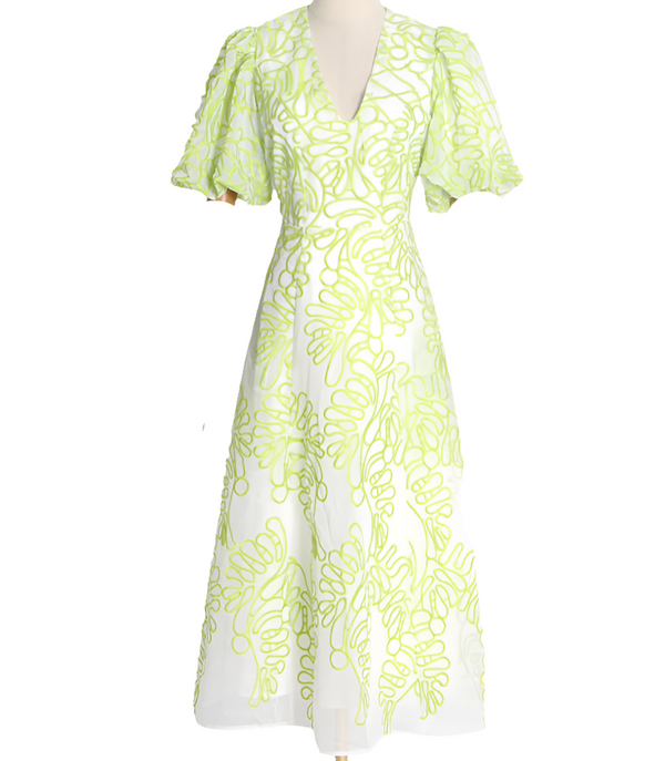 Deep V Neck Puff Sleeve High Waist Tunic Dress