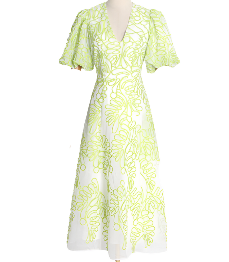 Deep V Neck Puff Sleeve High Waist Tunic Dress