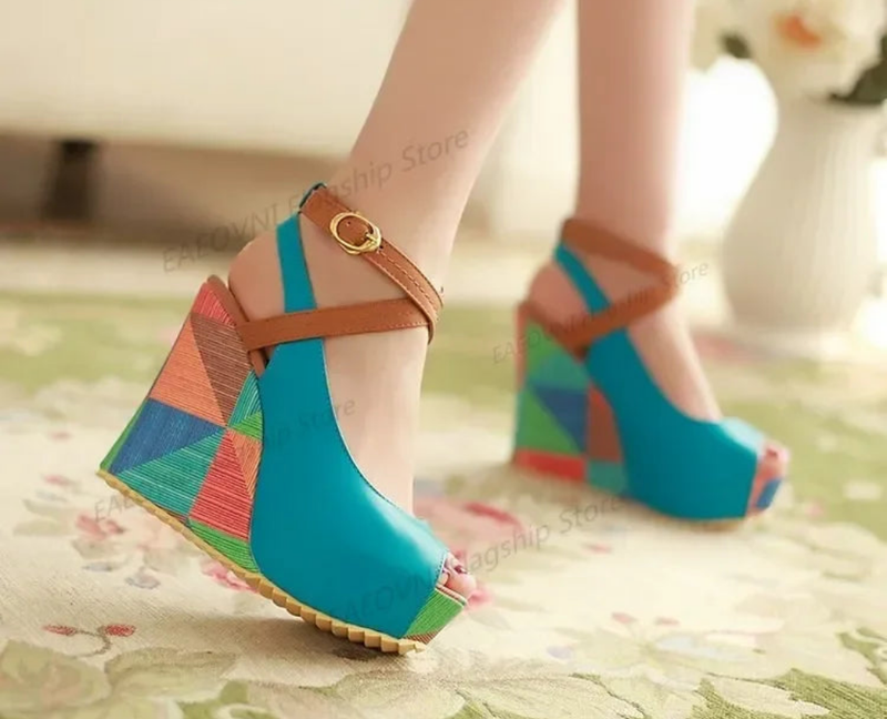 Ladies Wedges Heels Sandals Buckle Strap Peep-toe Shoes