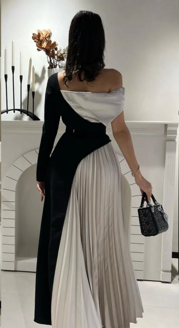 CAMINA Pleat Draped A-line Off-the-shoulder Long Dress