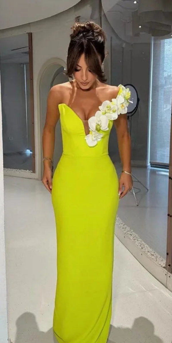 Satin Mermaid Pleat Flowers Evening Dress