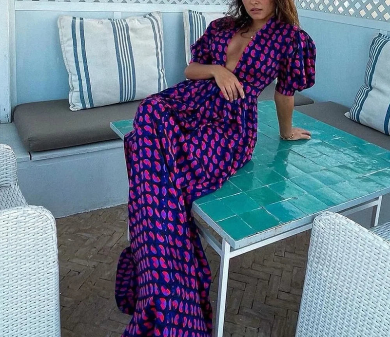 Vintage Sexy V-neck Violet Dress With Pocket