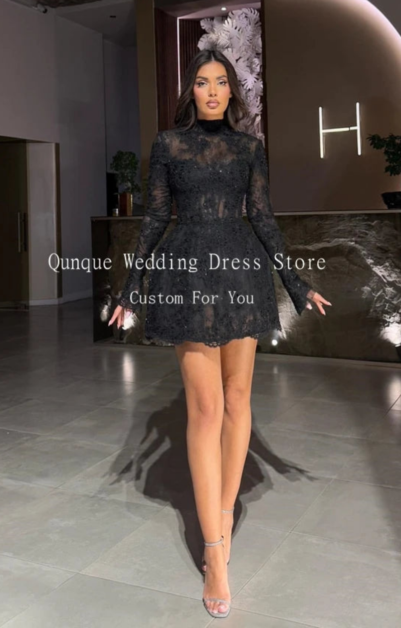 Black Tulle High Neck Appliques Beaded Dress
