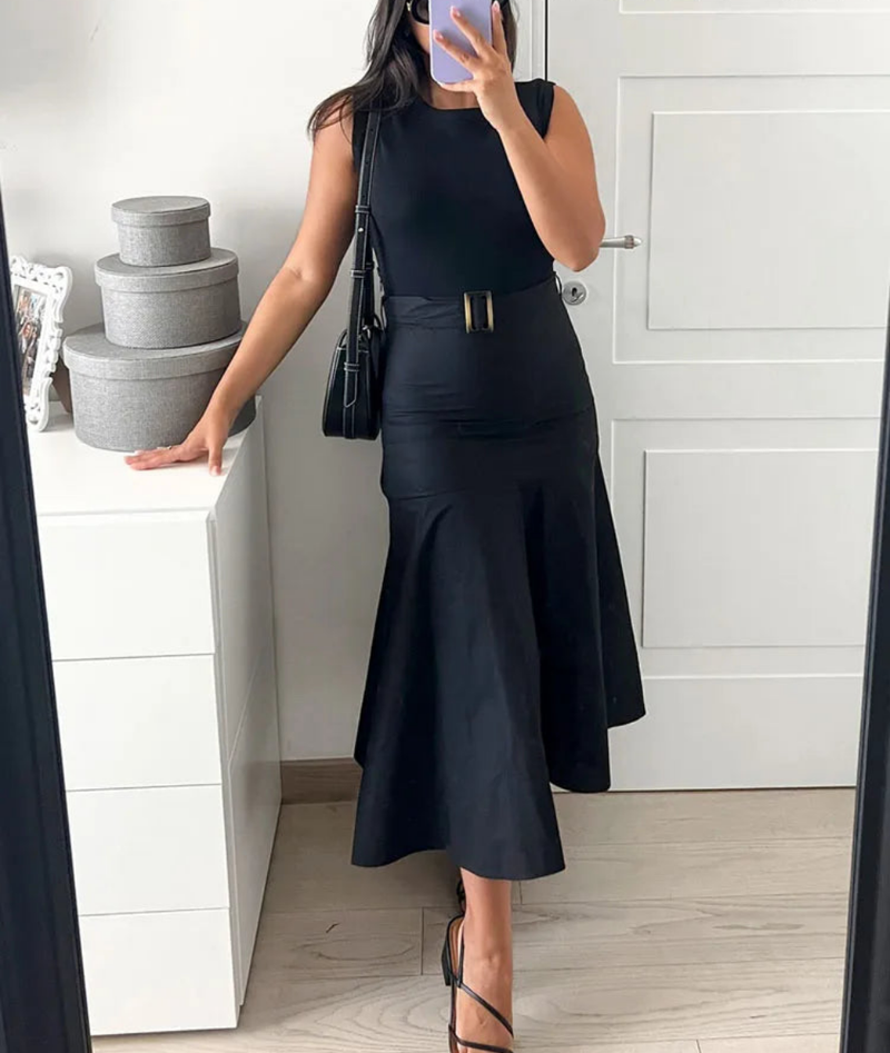 Crew Neck Poplin Knit Belted Patchwork Dress
