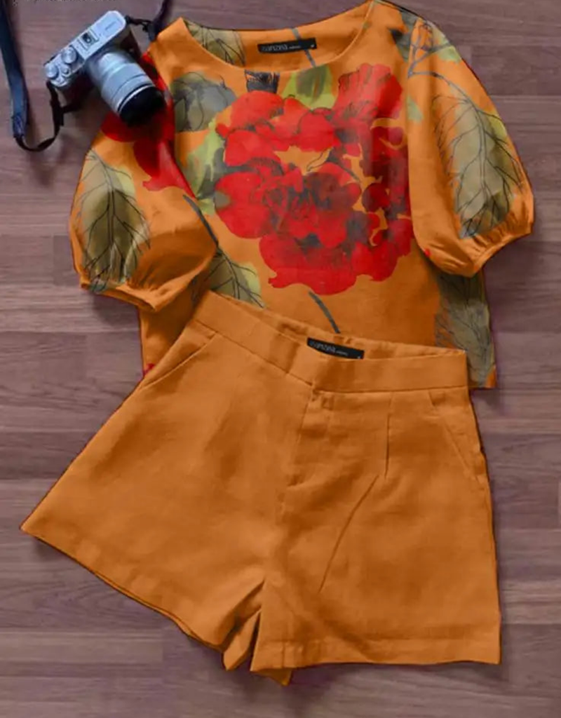 Elegant Short Sleeve Floral Blouse Tracksuit