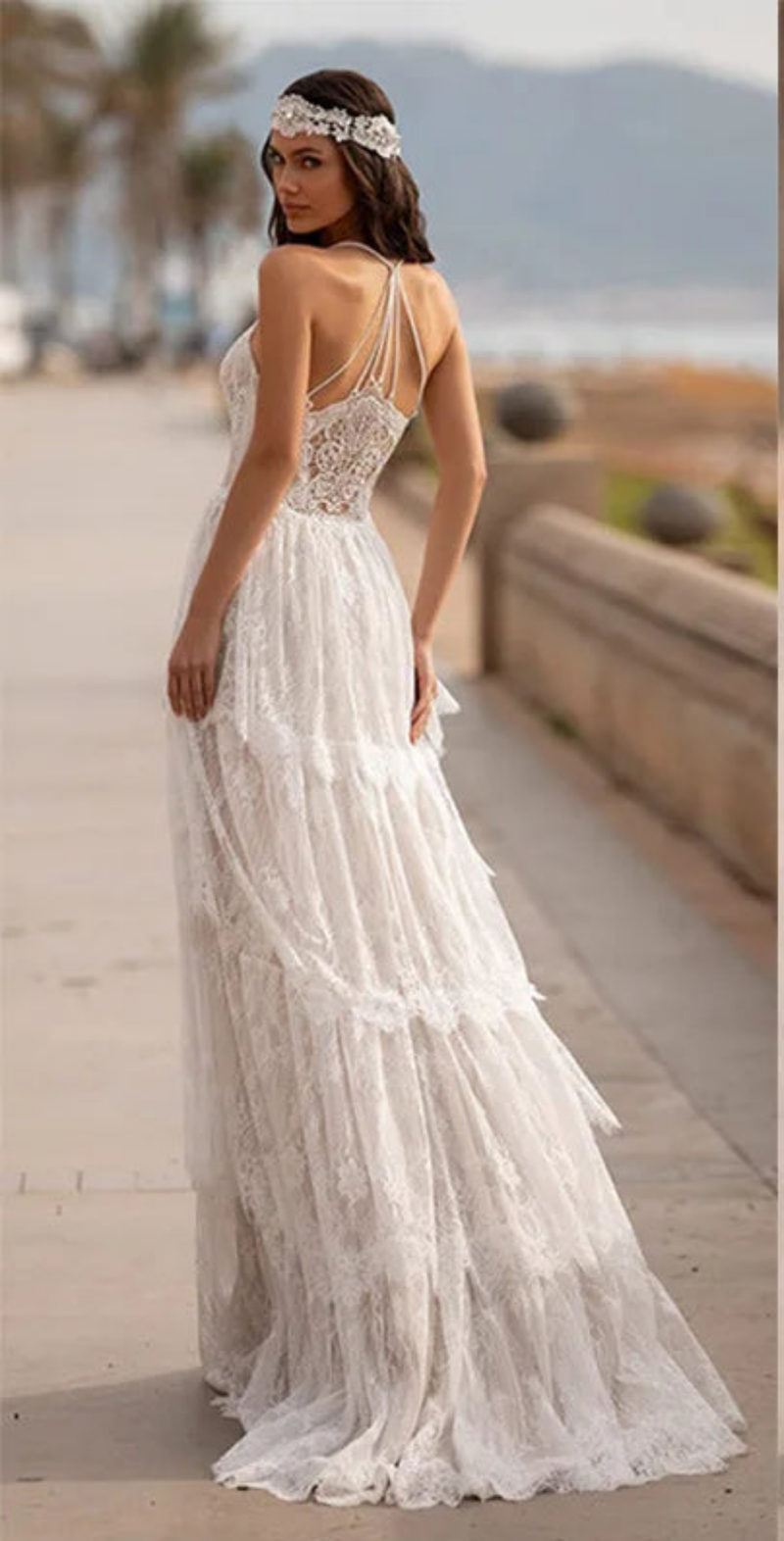 Tiered Lace Spaghetti Straps Bridal Dress