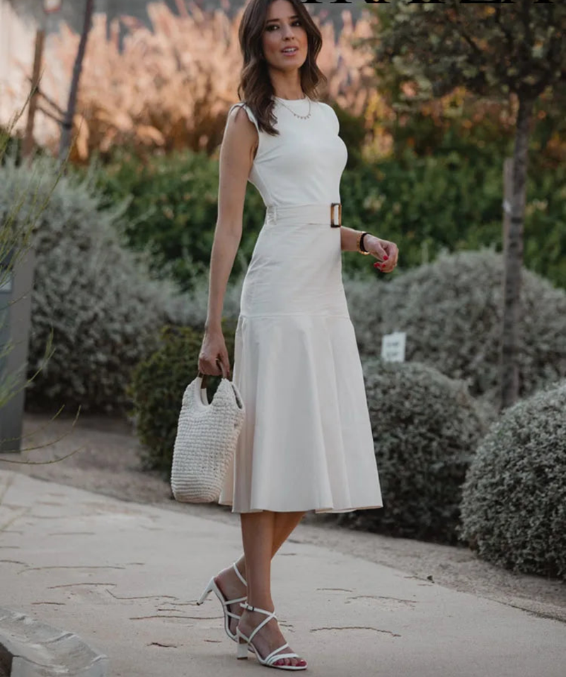 Crew Neck Poplin Knit Belted Patchwork Dress