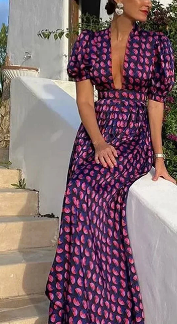Vintage Sexy V-neck Violet Dress With Pocket