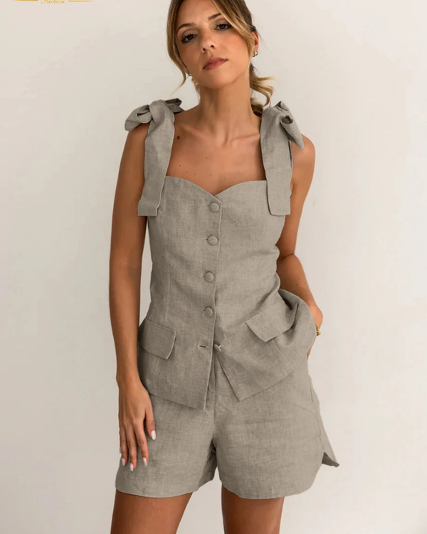 Summer Khaki Cotton Sleeveless Tank Top With High Waist Shorts