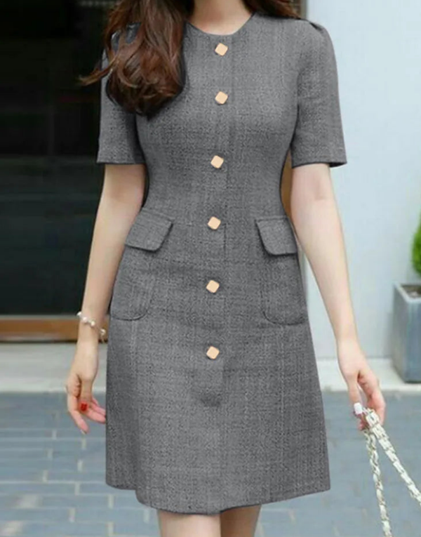 Elegant O Neck Short Sleeve  Vintage Buttons Up Dress