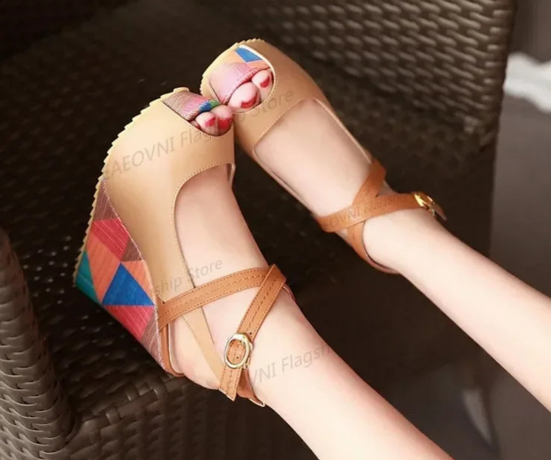 Ladies Wedges Heels Sandals Buckle Strap Peep-toe Shoes
