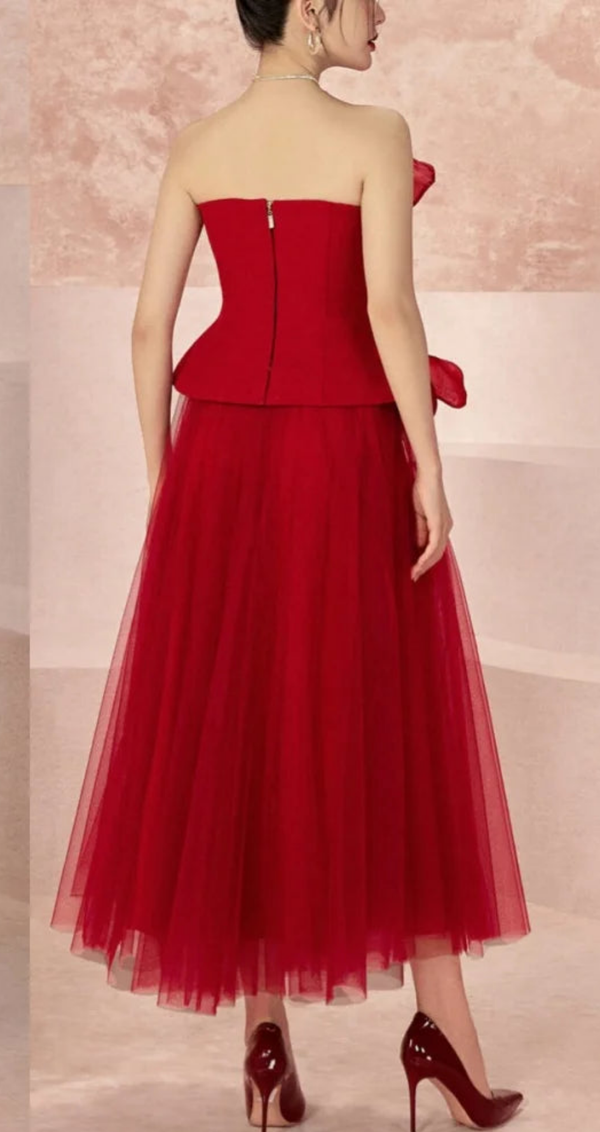 Elegant Exquisite Tulle Handmade Flower Pleat Draped A-line Strapless Midi Dress
