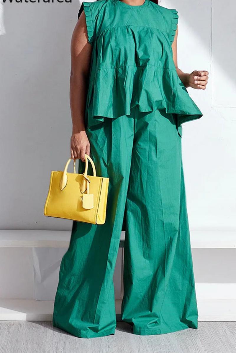 Ruffles Shoulder Loose Blouse and Wide Leg Pants