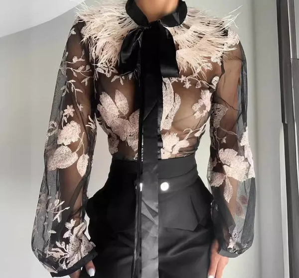Stitching Embroidered Mesh Lace-up Top Blouse
