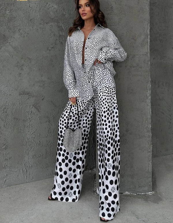 Elegant Long Sleeve Shirts With High Waist Wide Pants