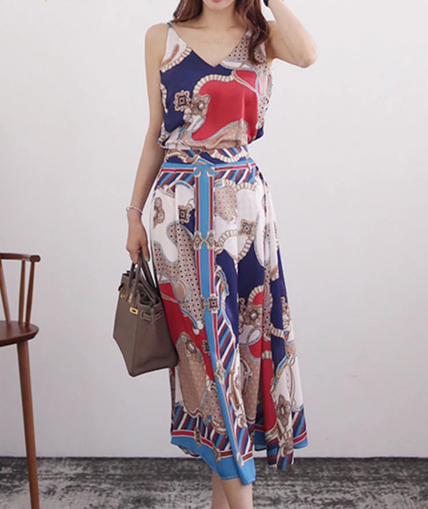 2 Pieces Set Camisole Top Blouses + Vintage A-Line Skirt