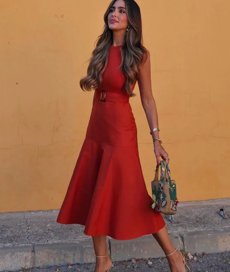 Crew Neck Poplin Knit Belted Patchwork Dress