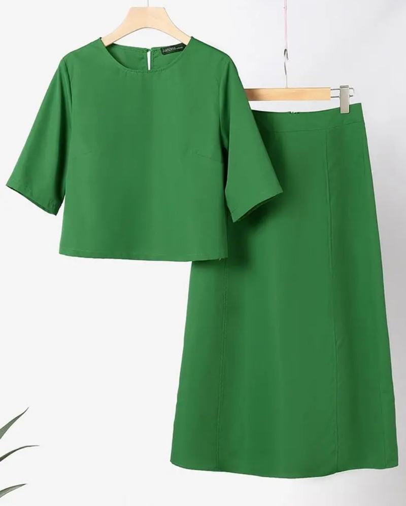 Casual Short Sleeve Crop Tops Suit Long Skirts