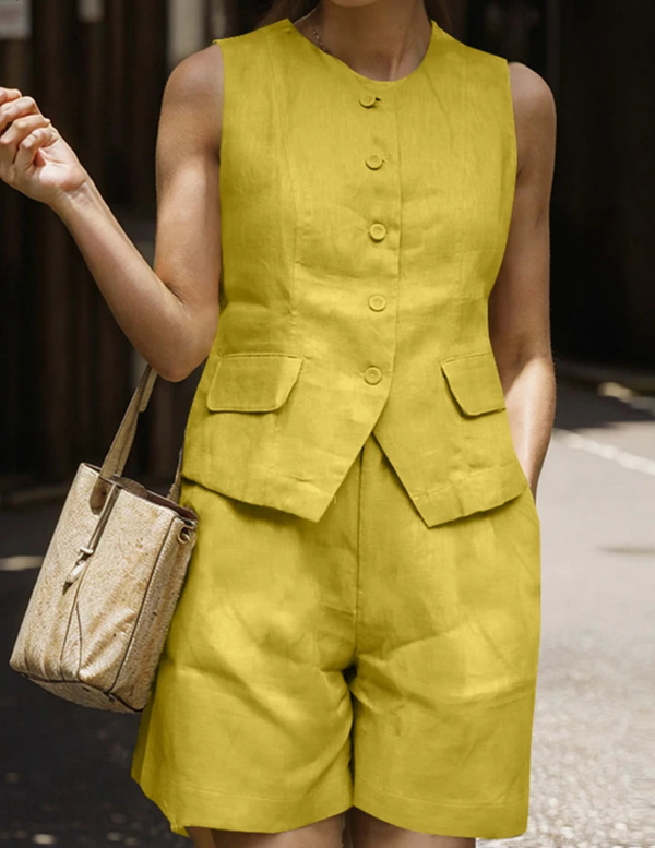 Summer Sleeveless Vest Short Vintage Pocket Short Suits