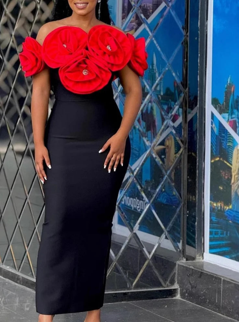 Elegant cocktail Shoulder Big Florals Bandage Long Dress