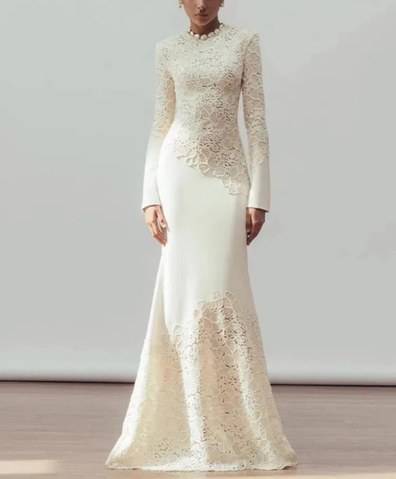 O-neck Long Sleeve Lace Hollow Out Slim Elegant Dress