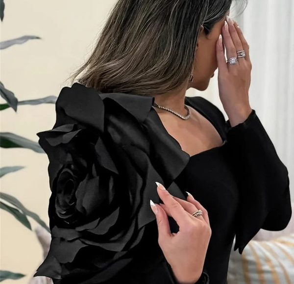 Square Collar Floor Length Draped 3D Flower Dress