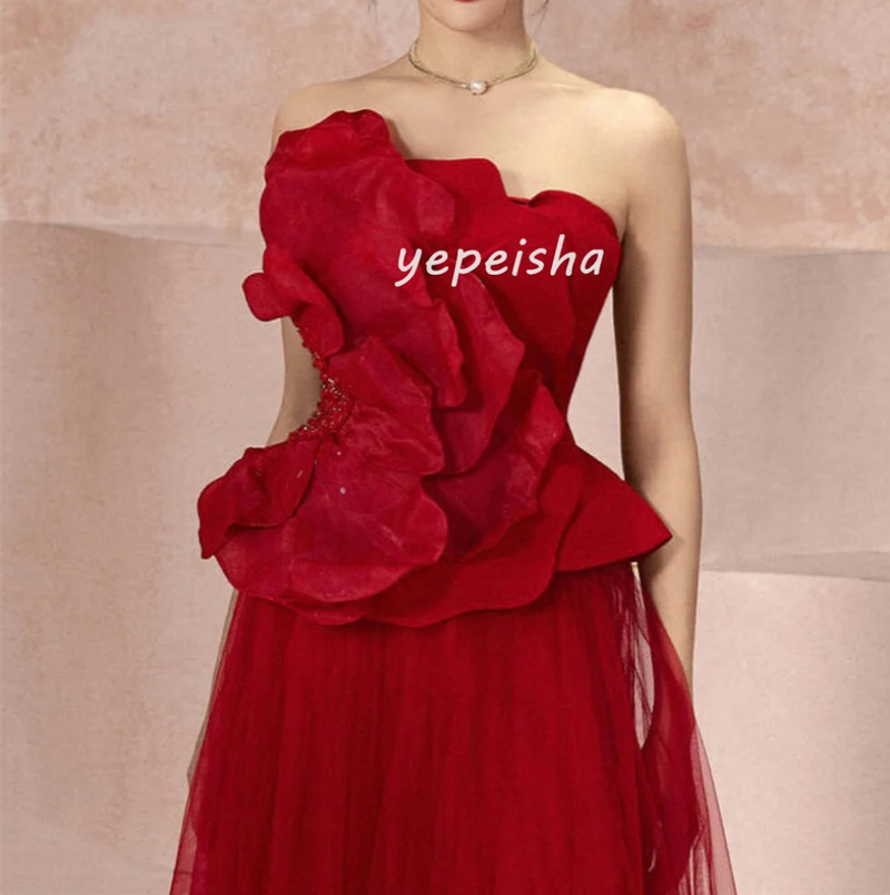 Elegant Exquisite Tulle Handmade Flower Pleat Draped A-line Strapless Midi Dress