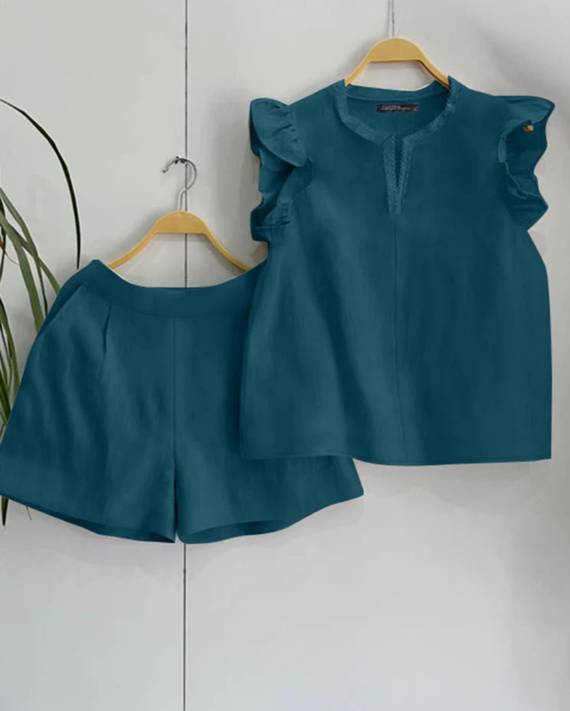 Sleeve Tops Elastic Waist Short Sets