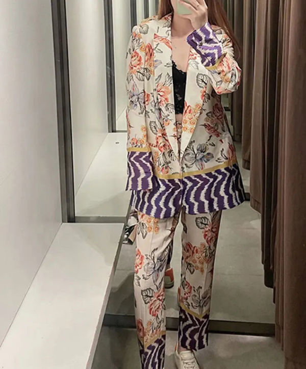CAMINA Vintage Floral Print Blazer Pant Suit Long Sleeve Suits