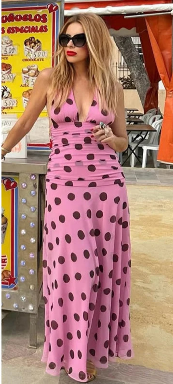 Polka Dot Printed Long Chic Fashion Backless Dress