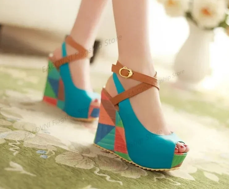 Ladies Wedges Heels Sandals Buckle Strap Peep-toe Shoes