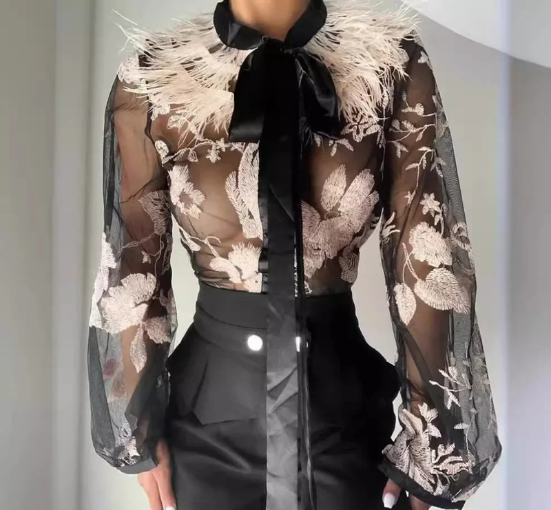 Stitching Embroidered Mesh Lace-up Top Blouse