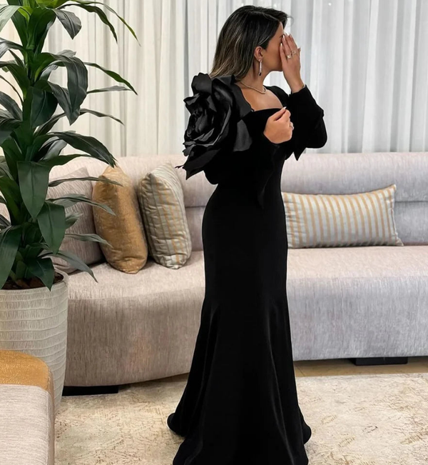 Square Collar Floor Length Draped 3D Flower Dress