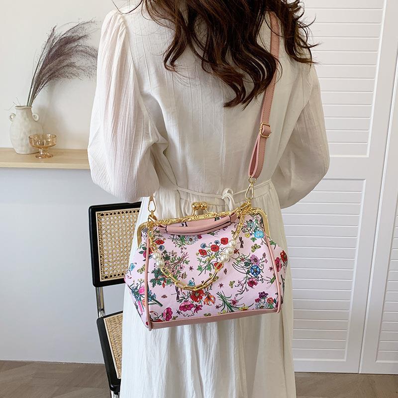 Printed Small Bag New Fashion Flower Pearl Chain Clip Buckle Women&#039;s Bag Foreign Style Single Shoulder Messenger