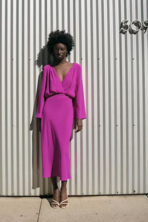 V-neck Long-sleeved Double-breasted Midi Dress