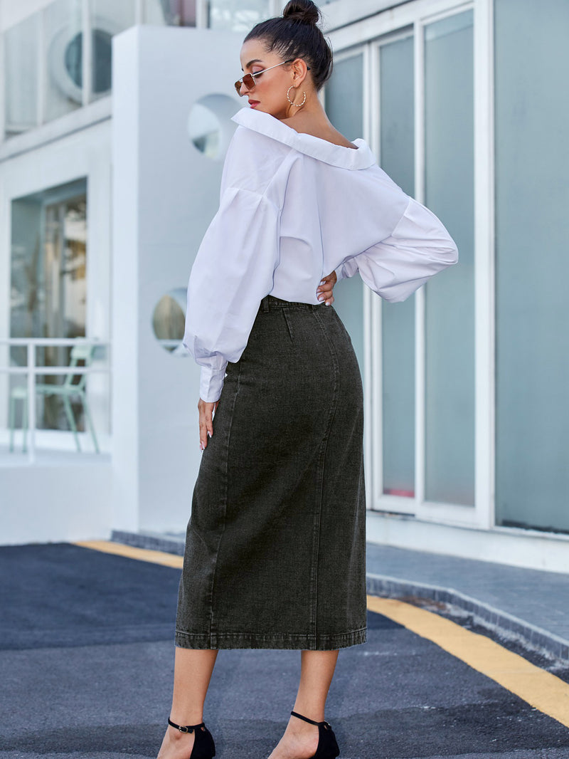 Buttons Irregular Slit Denim High-waisted Skirt