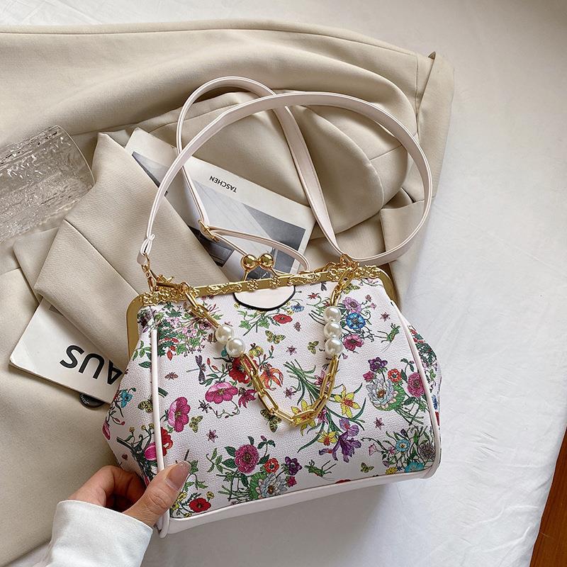 Printed Small Bag New Fashion Flower Pearl Chain Clip Buckle Women&#039;s Bag Foreign Style Single Shoulder Messenger