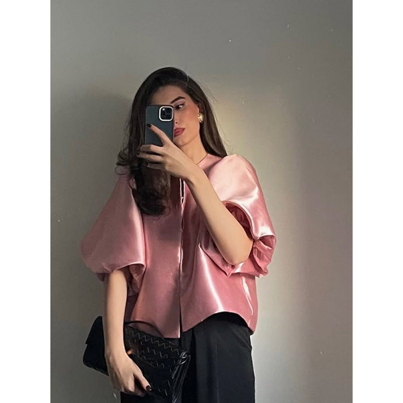 Solid Color Puff Sleeve Satin Short Coat