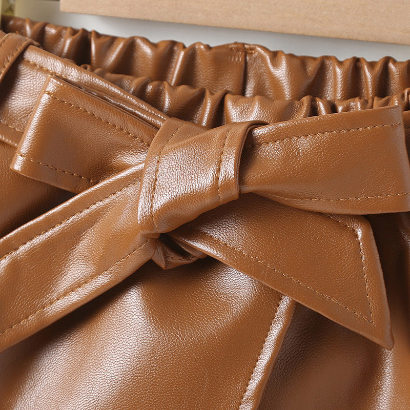 Casual Leather Brown Pleated Skirt