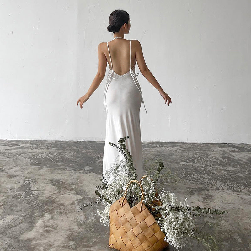 Sleeveless Bandage Big Halter Long Fishtail Slim Dress
