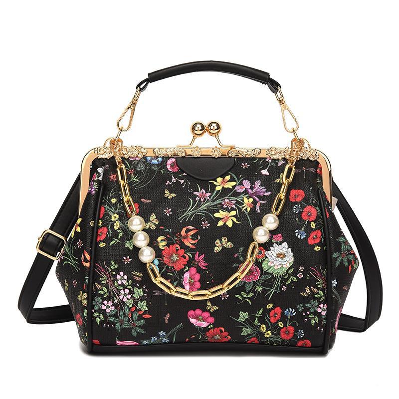 Printed Small Bag New Fashion Flower Pearl Chain Clip Buckle Women&#039;s Bag Foreign Style Single Shoulder Messenger