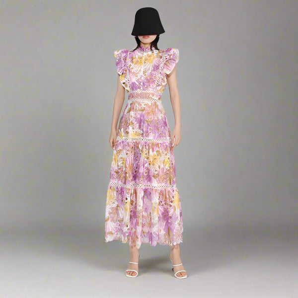 Elegant French Long Lace Sleeveless Hollow Embroidered Gouhua Dress