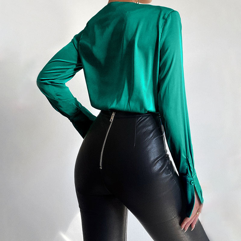 New V-neck Long-sleeved Pleated Shirt Jumpsuit