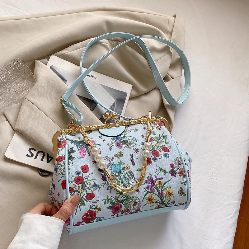 Printed Small Bag New Fashion Flower Pearl Chain Clip Buckle Women&#039;s Bag Foreign Style Single Shoulder Messenger
