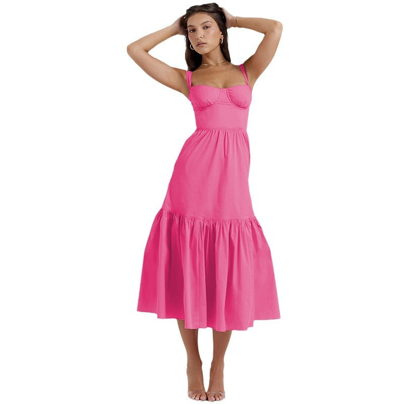 Sweet Spicy Style Sling Solid Color A Swing Floral Cake Dress