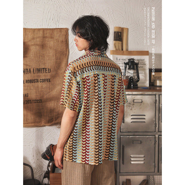 Cuban Collar Hollow Jacquard Color Short Sleeve